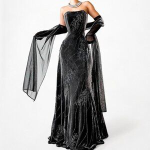 Vintage Gray Strapless Floral Beaded Mesh Fit Flared Maxi Prom Dress Size M